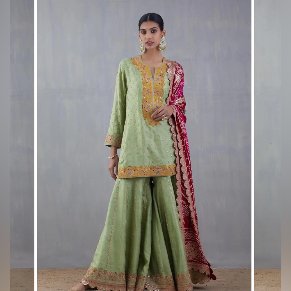 Nidhi Tholia Mint and Pink Bandhni Embroidered Sharara Set - Size M